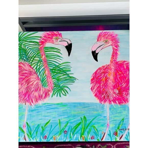 Flamingo Tray Table Hand Painted Coastal Original Vintage Rare Wood L19” W14” H2 - Picture 5 of 16